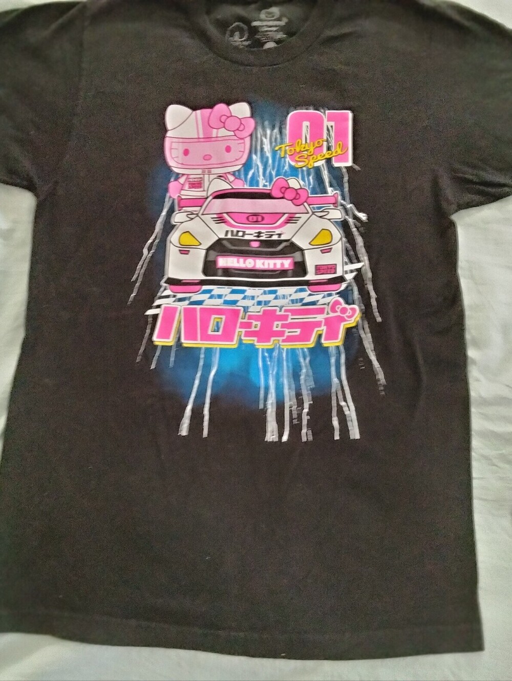 Hello Kitty Black Tee with Pink and Blue Racing Graphic